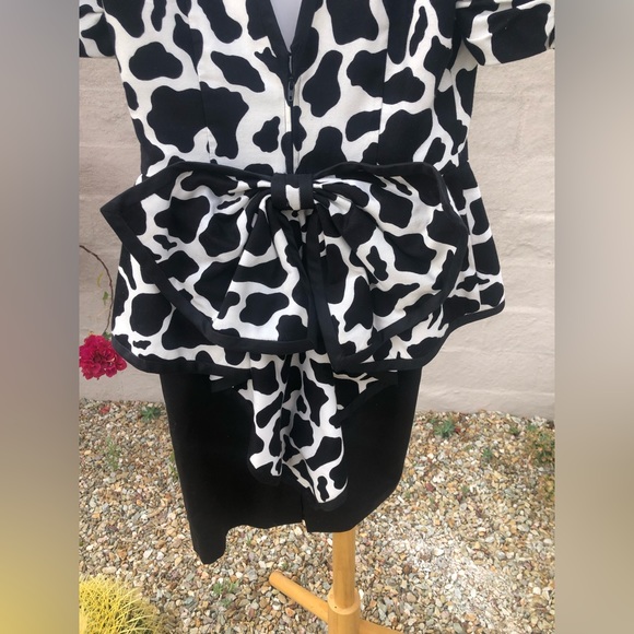 Vintage Peplum ruffle and bow low back cow print peplum dress puff sleeve - Picture 13 of 16
